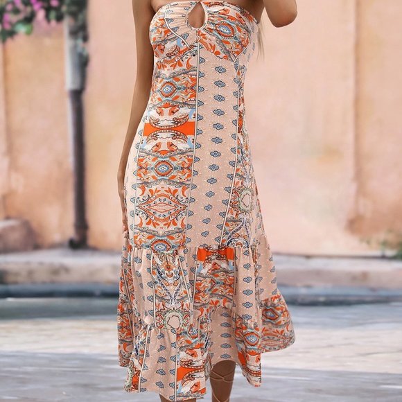 Apricot Boho Floral Print Tie Backless Ruched Bust Ruffle Halter Dress - Picture 5 of 5